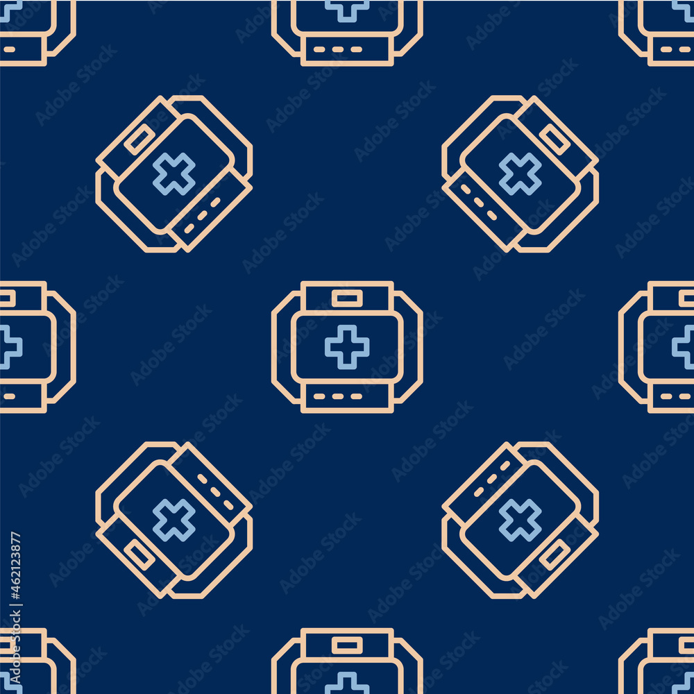 Line First aid kit icon isolated seamless pattern on blue background. Medical box with cross. Medical equipment for emergency. Healthcare concept. Vector Line First aid kit icon isolated seamless pattern on blue background. Medical box with cross. Medical equipment for emergency. Healthcare concept. Vector