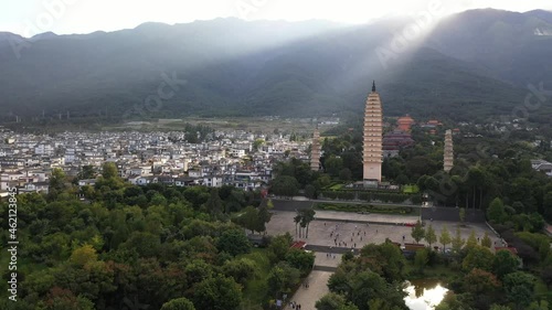 Aerial view of Three Pagodas and Cangshan mountain, in Dali - Yunnan photo