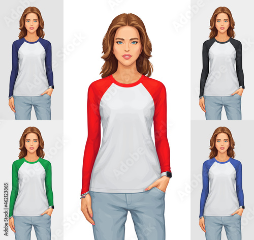 Woman Wearing a Raglan Long Sleeved T-Shirt