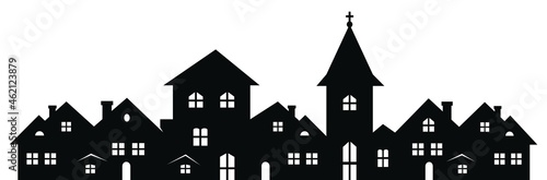 Township with church, black silhouette on white background, vector illustration