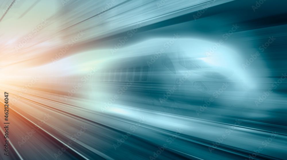 High speed train runs on rail tracks - Train in motion High speed train runs on rail tracks - Train in motion
