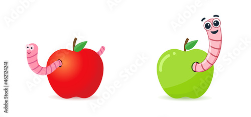 Red and green apples with worms. Worm is a cartoon character