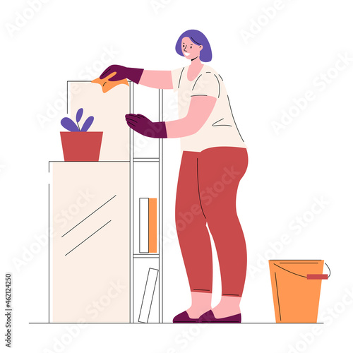 Housewife housekeeper woman cleaning wipes dust from furniture. Vector illustration in flat style.