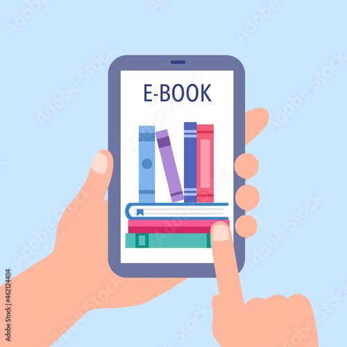 Ebook on smartphone screen in flat design illustration. Reading ebook on mobile app.