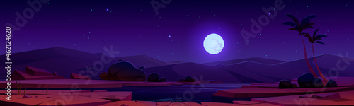 Night desert oasis under full moon starry sky. Cartoon landscape river, sand dunes, palm trees and plants, vector parallax background for game. Deserted sahara nature panoramic 2d scene, illustration