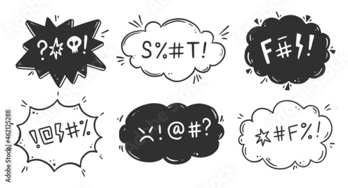 Swear word speech bubble set. Curse, rude, swear word for angry, bad, negative expression. Hand drawn doodle sketch style. Vector illustration.