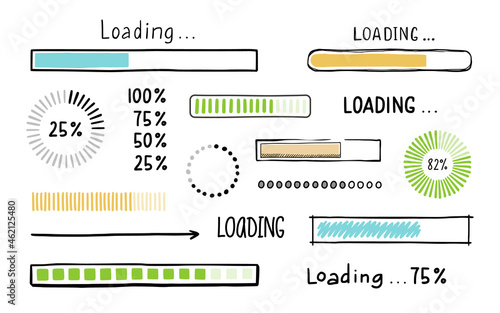 Loading bar doodle element set. Hand drawn line sketch style. Slow download speed, progress status, internet load bar concept. Isolated vector illustration.