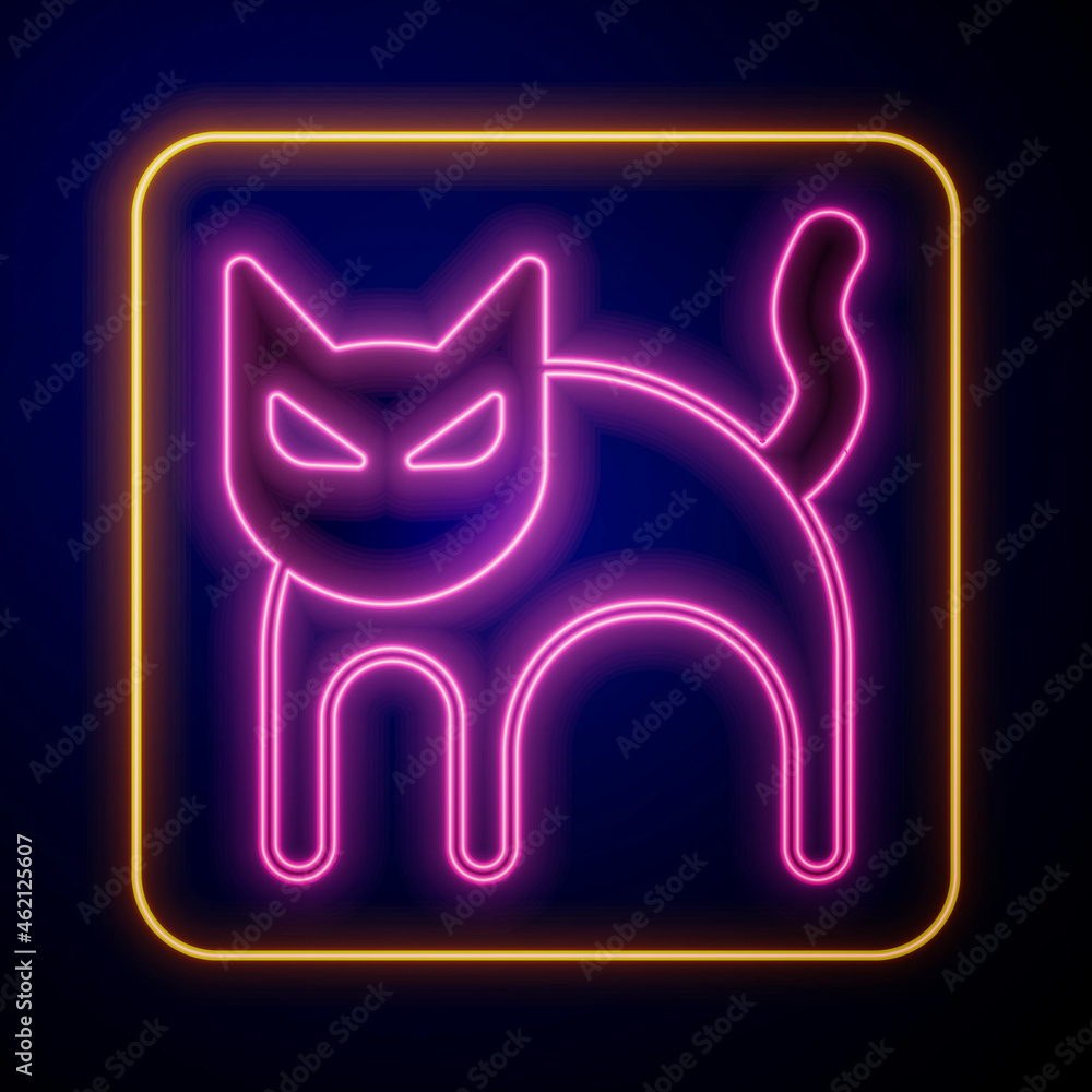 Glowing neon Black cat icon isolated on black background. Happy Halloween party. Vector Glowing neon Black cat icon isolated on black background. Happy Halloween party. Vector