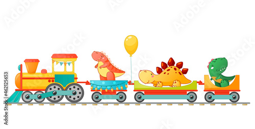 Train with cute little dinosaur in cartoon style. Vector colorful illustration for school, preschool kids design.