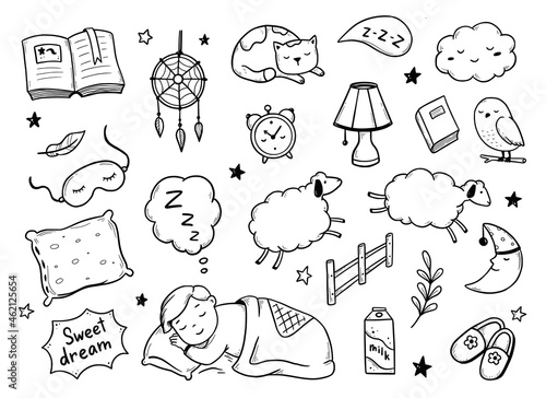 Sleep, relax time, dream night doodle set. Concept comfort night sleep time. Hand drawn sketch style. Moon, cat, star, lamp element. Vector illustration on white background.