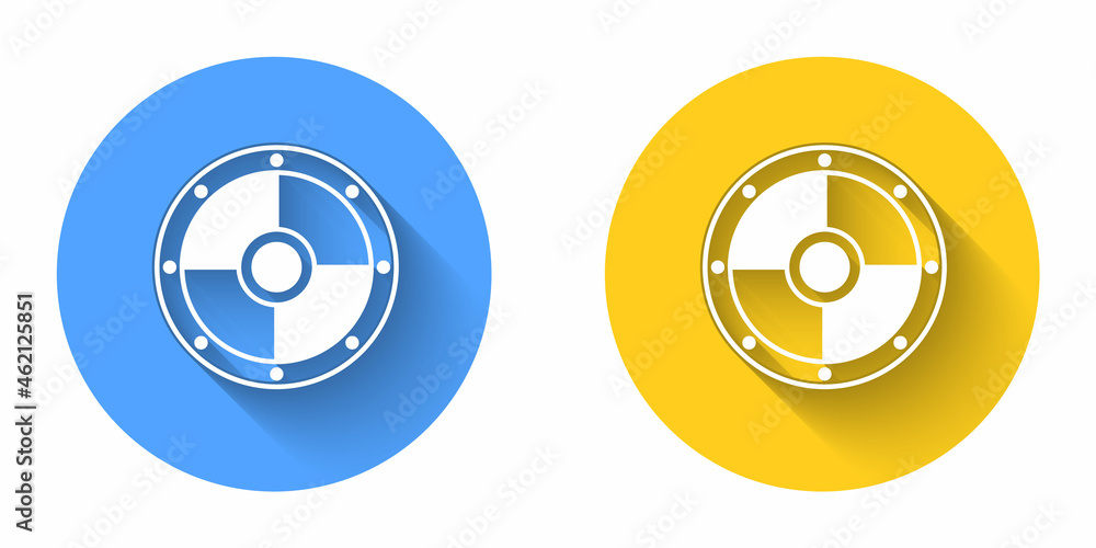 White Round wooden shield icon isolated with long shadow background. Security, safety, protection, privacy, guard concept. Circle button. Vector White Round wooden shield icon isolated with long shadow background. Security, safety, protection, privacy, guard concept. Circle button. Vector