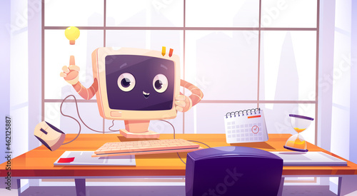 Computer character at office desk, cute pc desktop with smiling face pointing on glow light bulb. Cartoon electronic device personage at clerk workplace, business idea, insight, Vector illustration