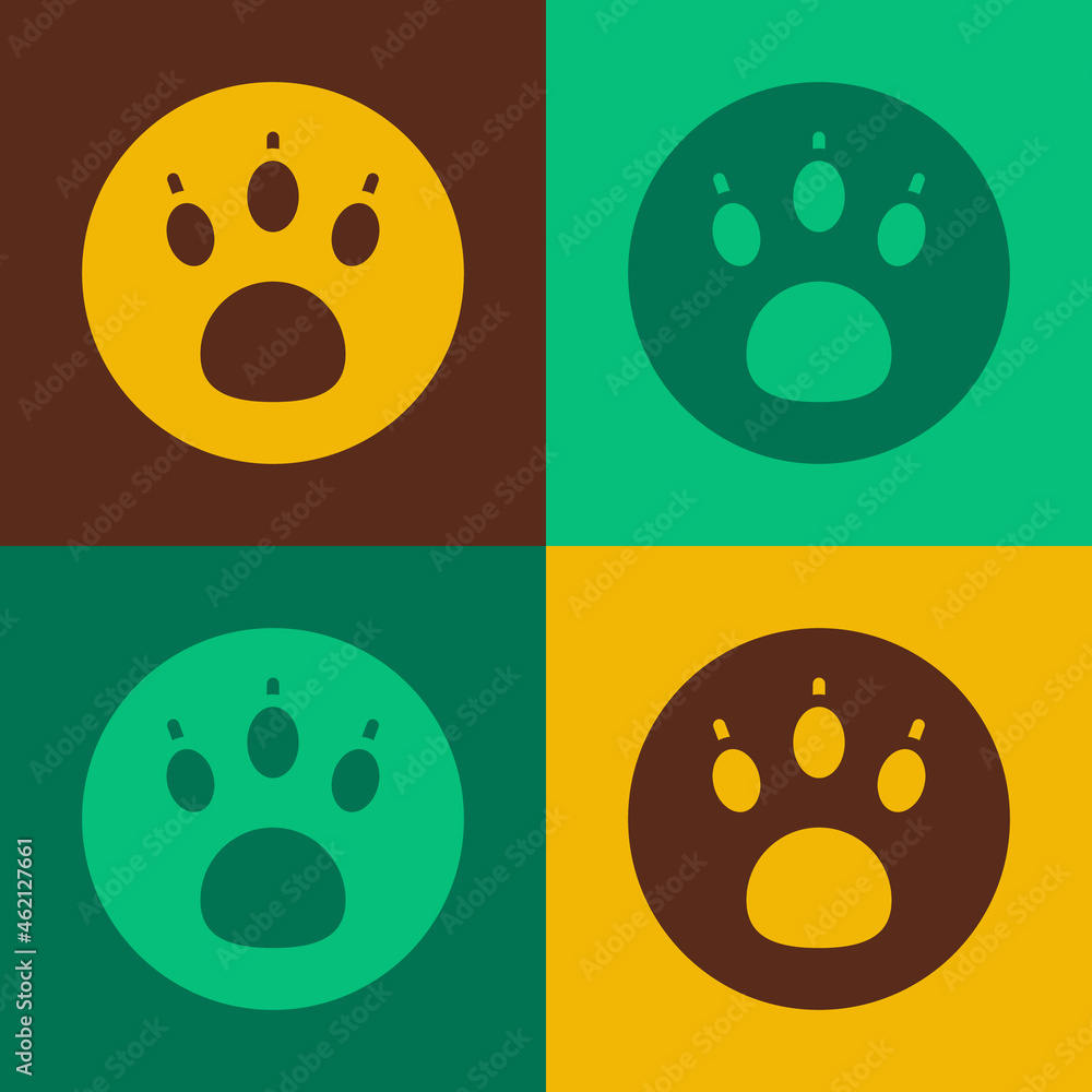 Fototapeta premium Pop art Paw search icon isolated on color background. Magnifying glass with animal footprints. Vector