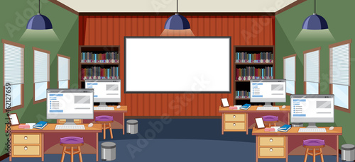 Classroom scene with many computers on desks