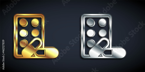 Gold and silver Sports doping, anabolic drugs with dumbbell icon isolated on black background. Anabolic steroids tablet. Pills in jar. Long shadow style. Vector