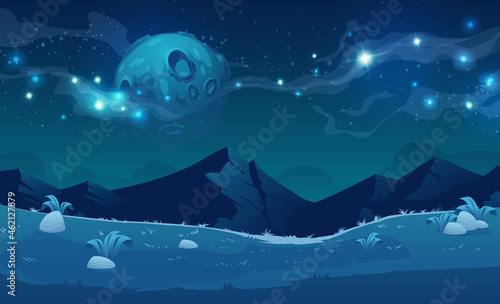 Night landscape with mountains and full moon with stars glowing over rocky peaks. Mysterious twilight scenery view with rocks. Beautiful nature nighttime background, Cartoon vector illustration