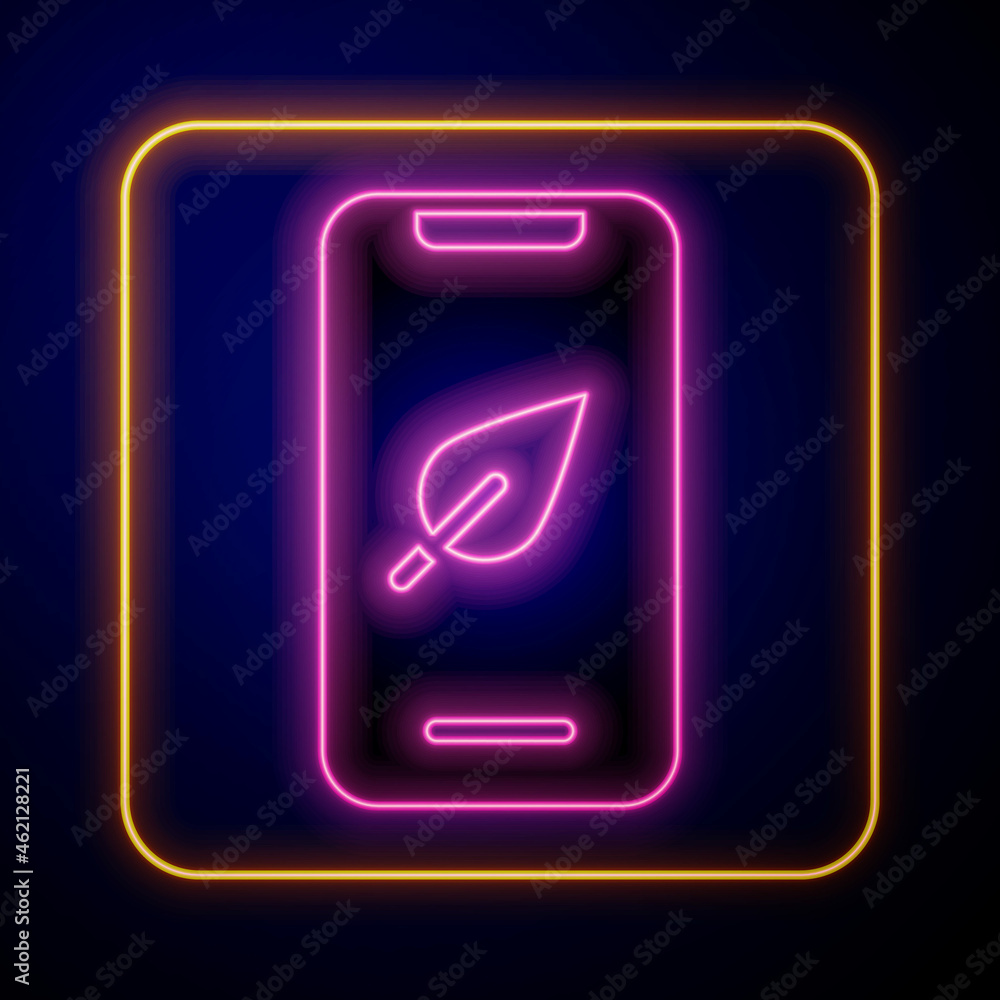 Glowing neon Smartphone, mobile phone with leaf icon isolated on black background. Vector Glowing neon Smartphone, mobile phone with leaf icon isolated on black background. Vector