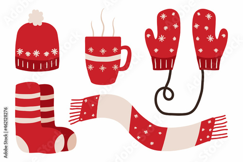 Hand-drawn Christmas set of mittens, socks, scarf and hot drink. Winter set of accessories.