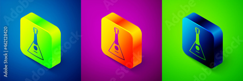 Isometric Musical instrument balalaika icon isolated on blue, purple and green background. Square button. Vector