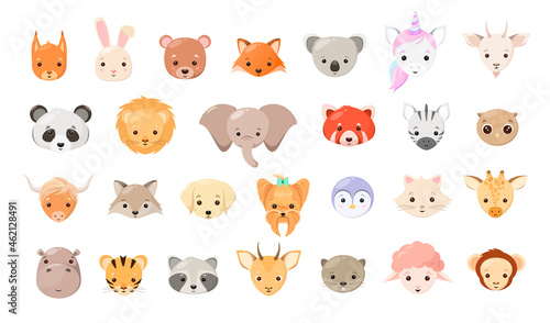 A set of cute animal heads on a white background. Cartoon style