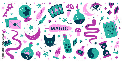 Set of magical things: crystal ball, crystals, spell, potion, snake, cat and other elements for witch. Cute magic elements for wizard. Flat cartoon style. Vector illustration isolated on a white.