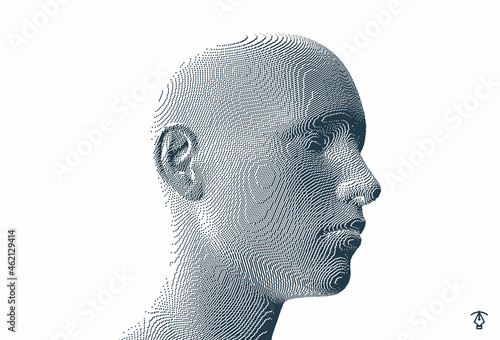 Abstract digital human head constructing from cubes. Minimalistic design for business presentations, flyers or posters. Technology and robotics concept. Voxel art. 3D vector illustration.