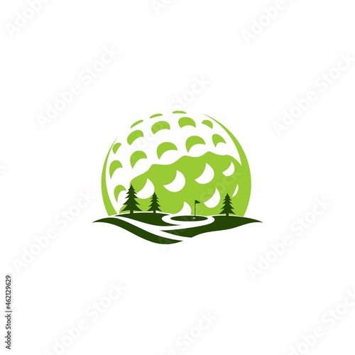 Golf field logo vector. With flag in hills of outdoor land field. Golf sport business icon, for golfer club & community favorite spot place illustration, hobby activity, focusing professional training
