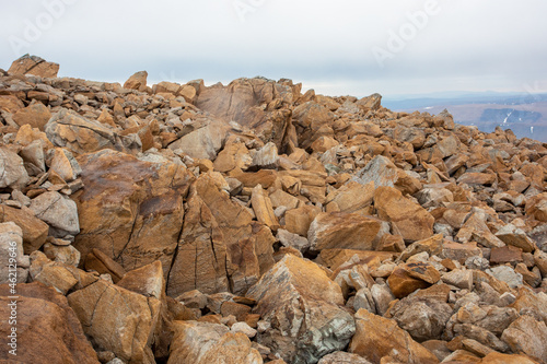 A stone in the mountains of the Subpolar Urals. Natural stone. Travel concept.