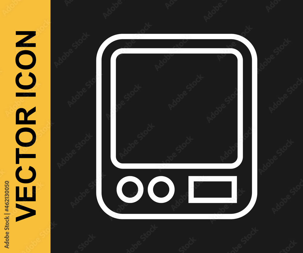 White line Electronic coffee scales icon isolated on black background. Weight measure equipment. Vector White line Electronic coffee scales icon isolated on black background. Weight measure equipment. Vector