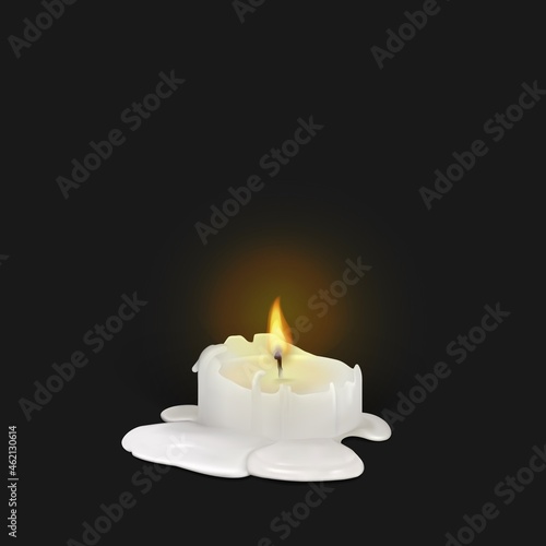 Realistic burning white candle on a black background. 3d candle with melting wax, flame and halo of light. Vector illustration with mesh gradients. EPS10.