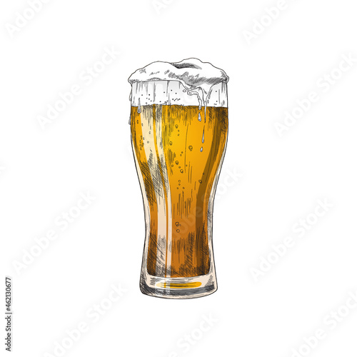 Colored image of beer in glass vintage engraving vector illustration isolated.