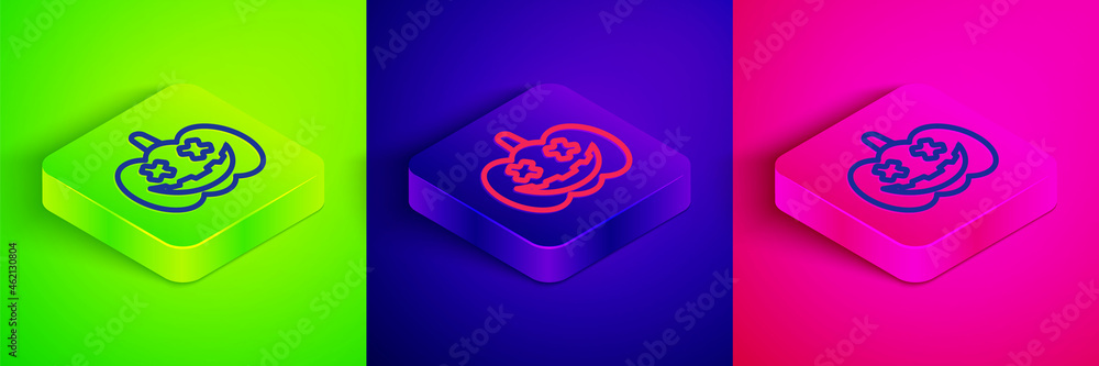 Isometric line Pumpkin icon isolated on green, blue and pink background. Happy Halloween party. Square button. Vector Isometric line Pumpkin icon isolated on green, blue and pink background. Happy Halloween party. Square button. Vector