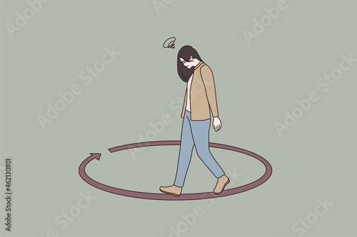 Unhappy sad woman walking in circle thinking and pondering over problem, making solution. Distressed female overthink, follow same life scenario. Comfort zone. Flat vector illustration.
