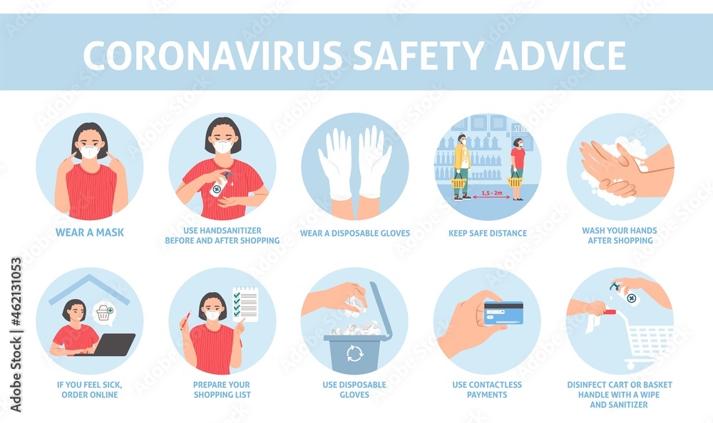 Safe shopping rules. Coronavirus safety advice infographic, vector illustration. Covid-19 disease spread prevention.