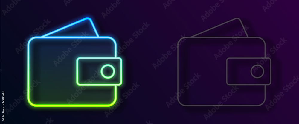 Glowing neon line Wallet icon isolated on black background. Purse icon. Cash savings symbol. Vector Glowing neon line Wallet icon isolated on black background. Purse icon. Cash savings symbol. Vector