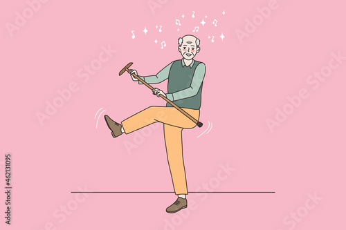 Happy elderly man feel optimistic energetic dancing with walking stick enjoying maturity. Smiling mature grandfather relax rest have fun follow heathy active lifestyle. Flat vector illustration.