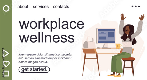 Workplace wellness and office sport break website, flat vector illustration.