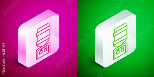 Isometric line Water cooler for office and home icon isolated on pink and green background. Water dispenser. Bottle office, plastic and liquid. Silver square button. Vector