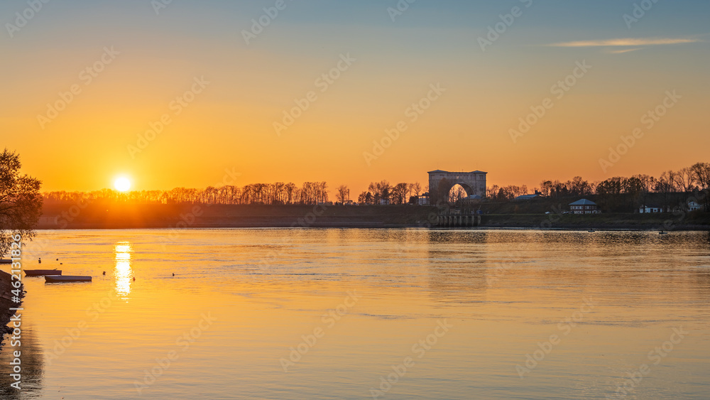 The Uglich Hydroelectric Power Plant and Gateway. Twilight. Town of Uglich, Russia.