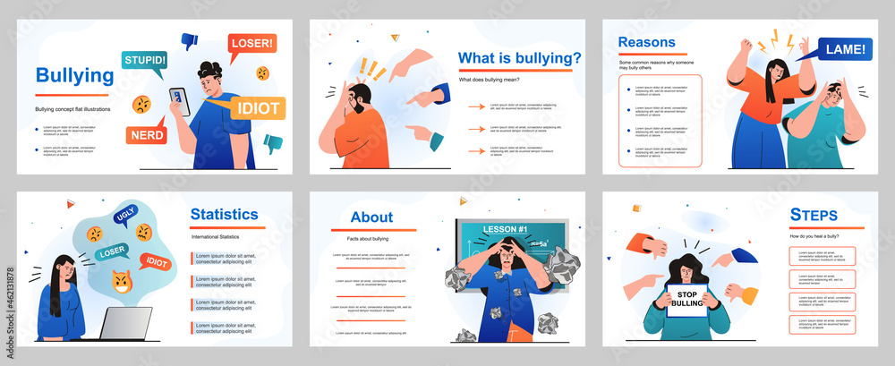 Bullying concept for presentation slide template. People suffer from abuse and problems at school, work or Internet. Toxic communication, depression and stress. Vector illustration for layout design