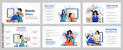 Beauty salon concept for presentation slide template. Hairdresser making hair coloring, makeup, haircuts, professional cosmetic procedures in female salon. Vector illustration for layout design