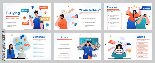 Bullying concept for presentation slide template. People suffer from abuse and problems at school, work or Internet. Toxic communication, depression and stress. Vector illustration for layout design