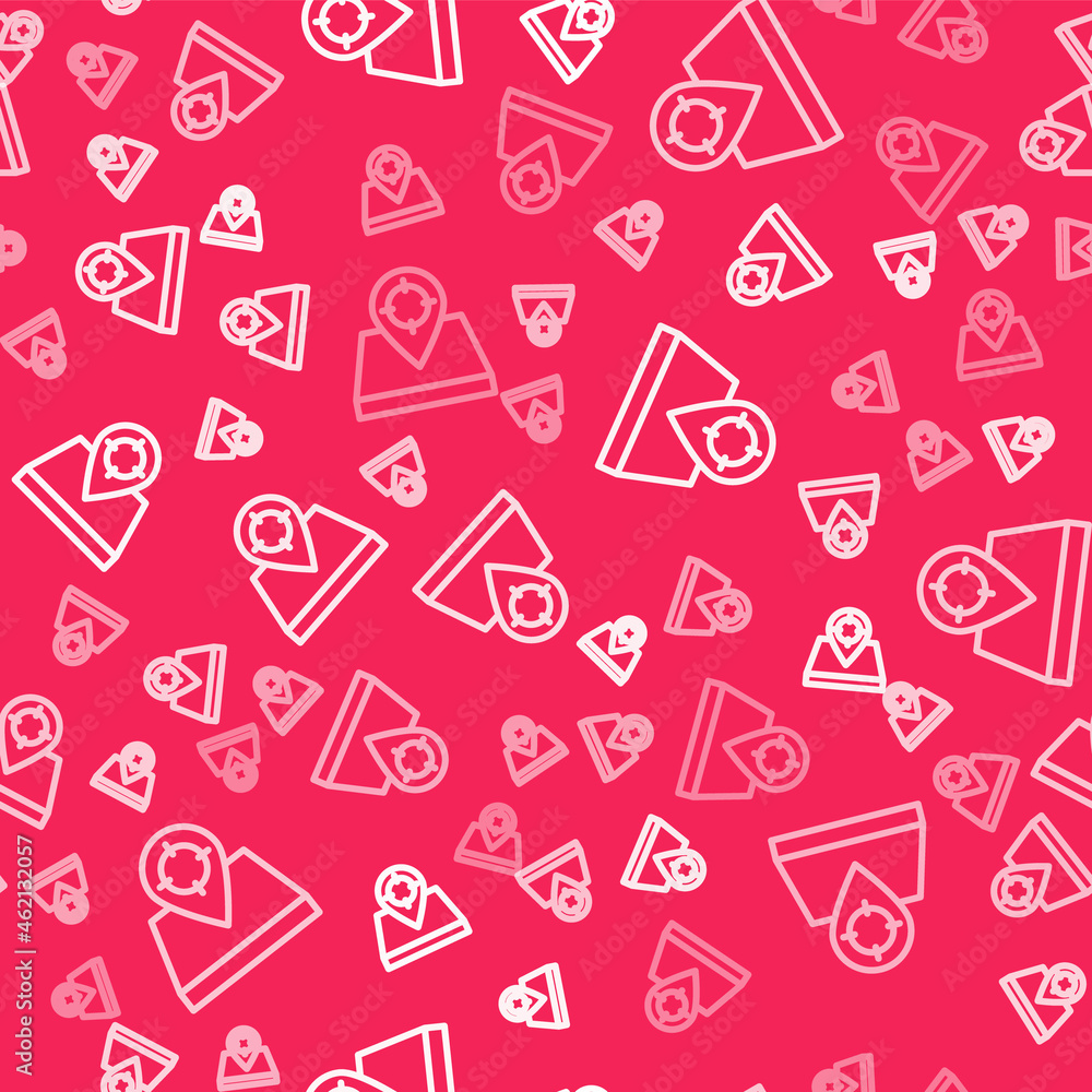 White line Hunt place icon isolated seamless pattern on red background. Navigation, pointer, location, map, gps, direction, place, compass, contact, search. Vector White line Hunt place icon isolated seamless pattern on red background. Navigation, pointer, location, map, gps, direction, place, compass, contact, search. Vector