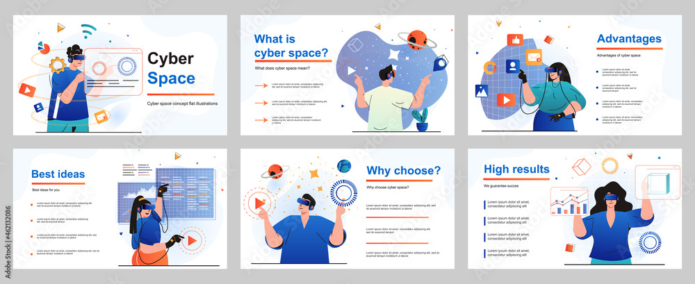 Cyberspace concept for presentation slide template. People uses virtual reality glasses, gaming, working and learning at interactive space with VR simulation. Vector illustration for layout design