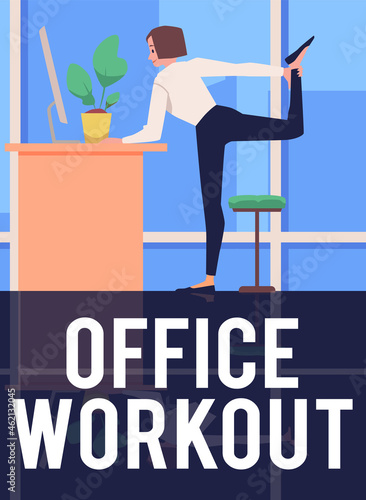 Office workout and corporate fitness poster layout flat vector illustration.