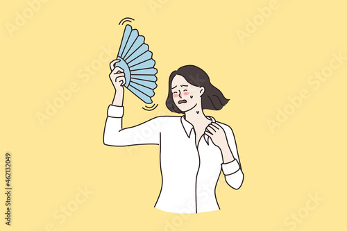 Unwell young woman feel overheated breathe fresh air wave with hand fan. Unhappy distressed girl use waver, lack conditioner or ventilation. Heatstroke, hormonal imbalance. Flat vector illustration.