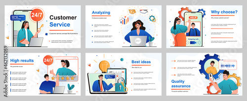 Customer service concept for presentation slide template. Operators answer calls and messages around the clock, consult people and solve technical issues. Vector illustration for layout design