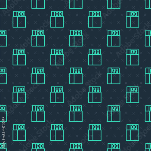 Green line Open matchbox and matches icon isolated seamless pattern on blue background. Vector