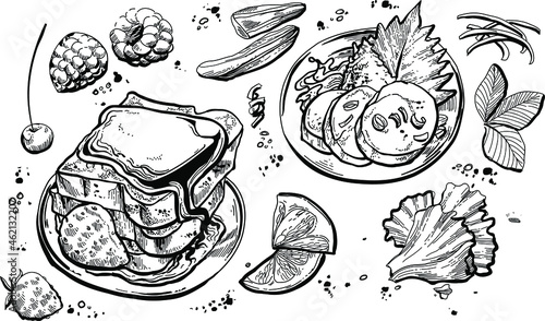 Black and white hand drawn illustration fruits and food