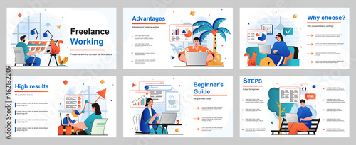 Freelance working concept for presentation slide template. Designers, analysts, programmers work remotely from home offices, seaside resort, coffee shop or park. Vector illustration for layout design